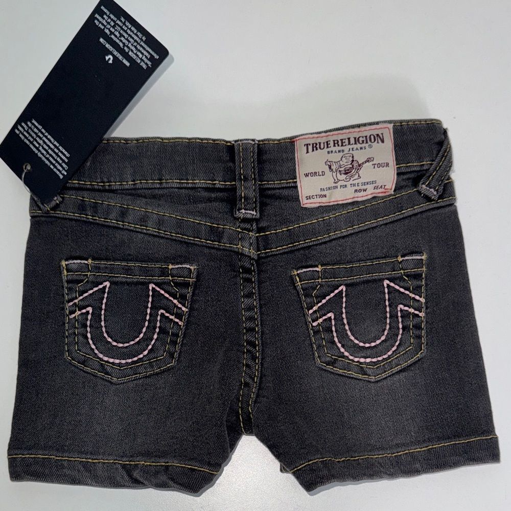 True Religion Black Denim Shorts with Pink Side Stripes Sz 3/6 months girls NWT - Picture 3 of 8